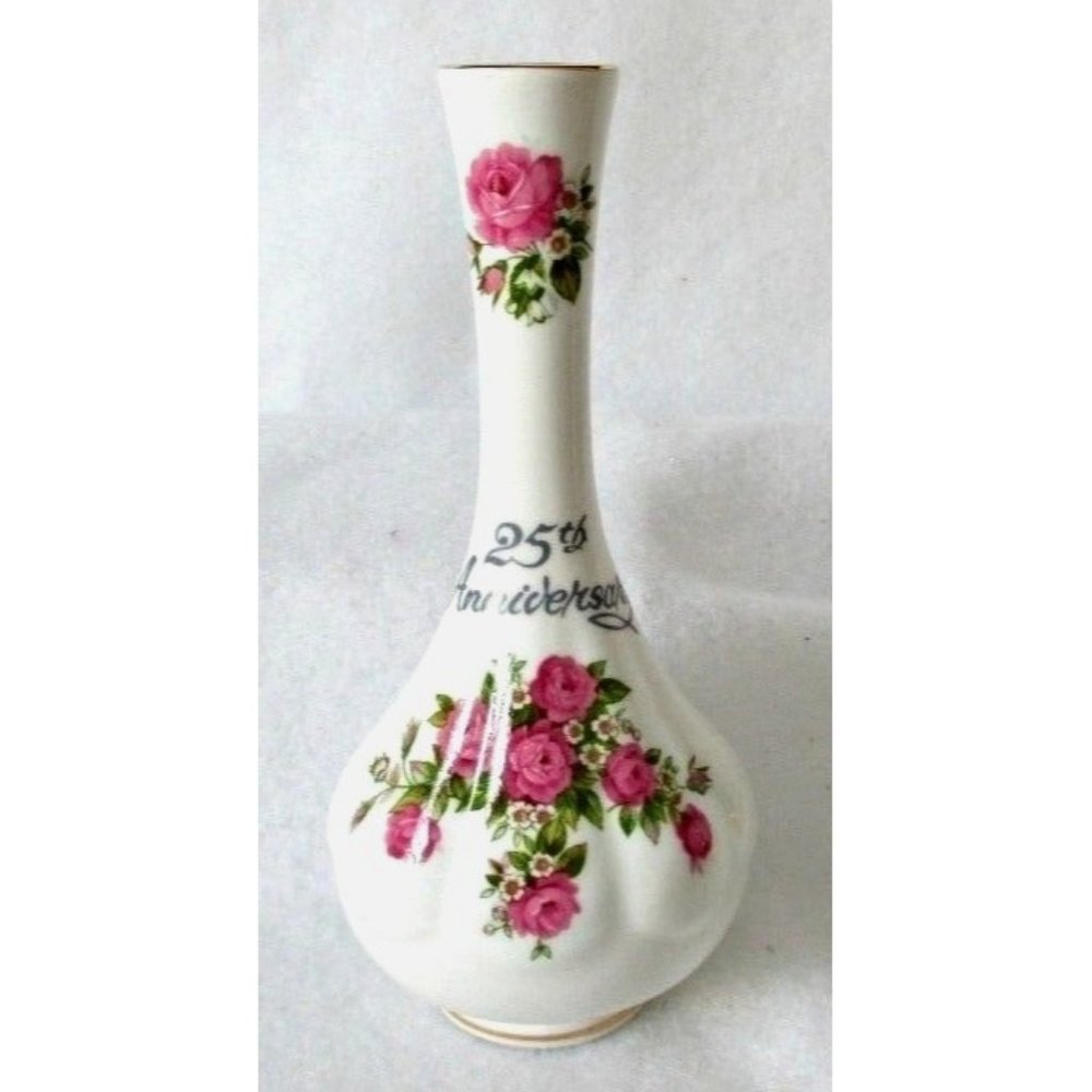 25th Silver Anniversary Bone China Bud Vase Pink Roses